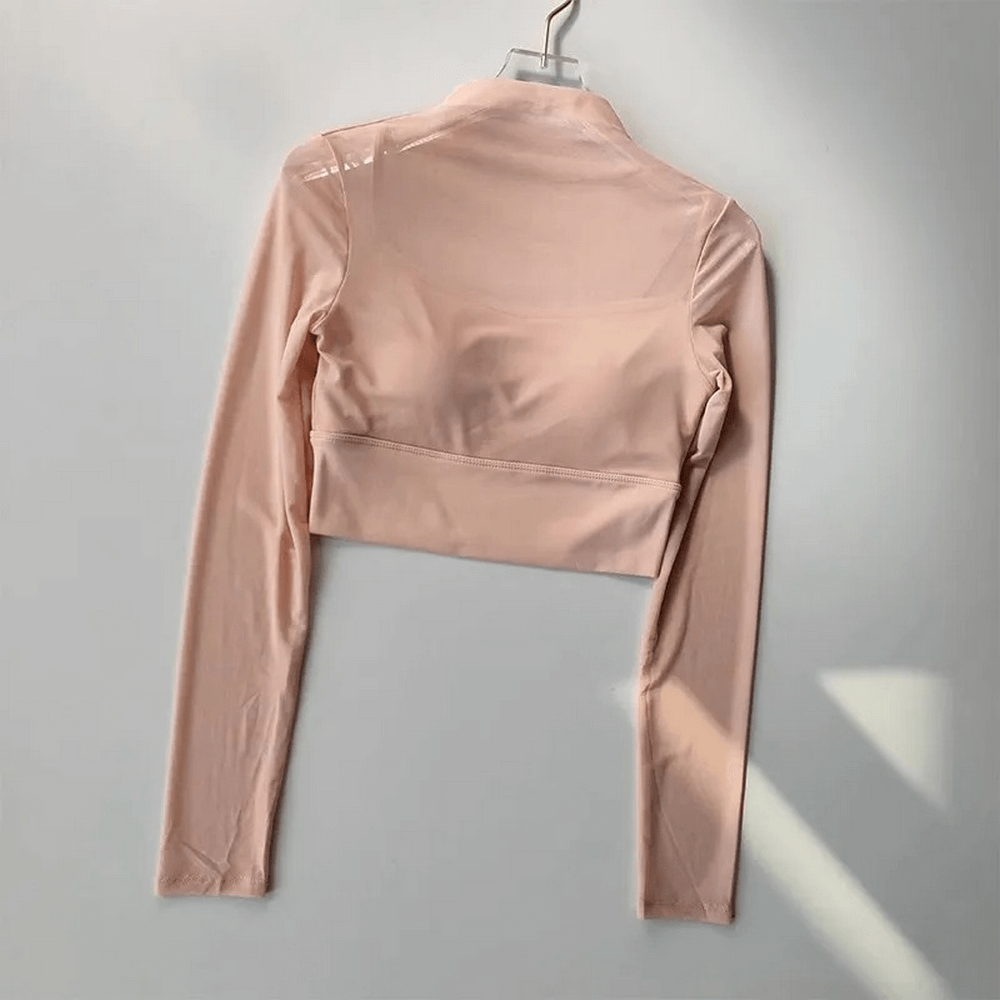 Back view of Women's Long Sleeve Gym Mesh Crop Top, SF2106, in pink. Breathable, quick dry, perfect for workouts. Nylon and Spandex blend.